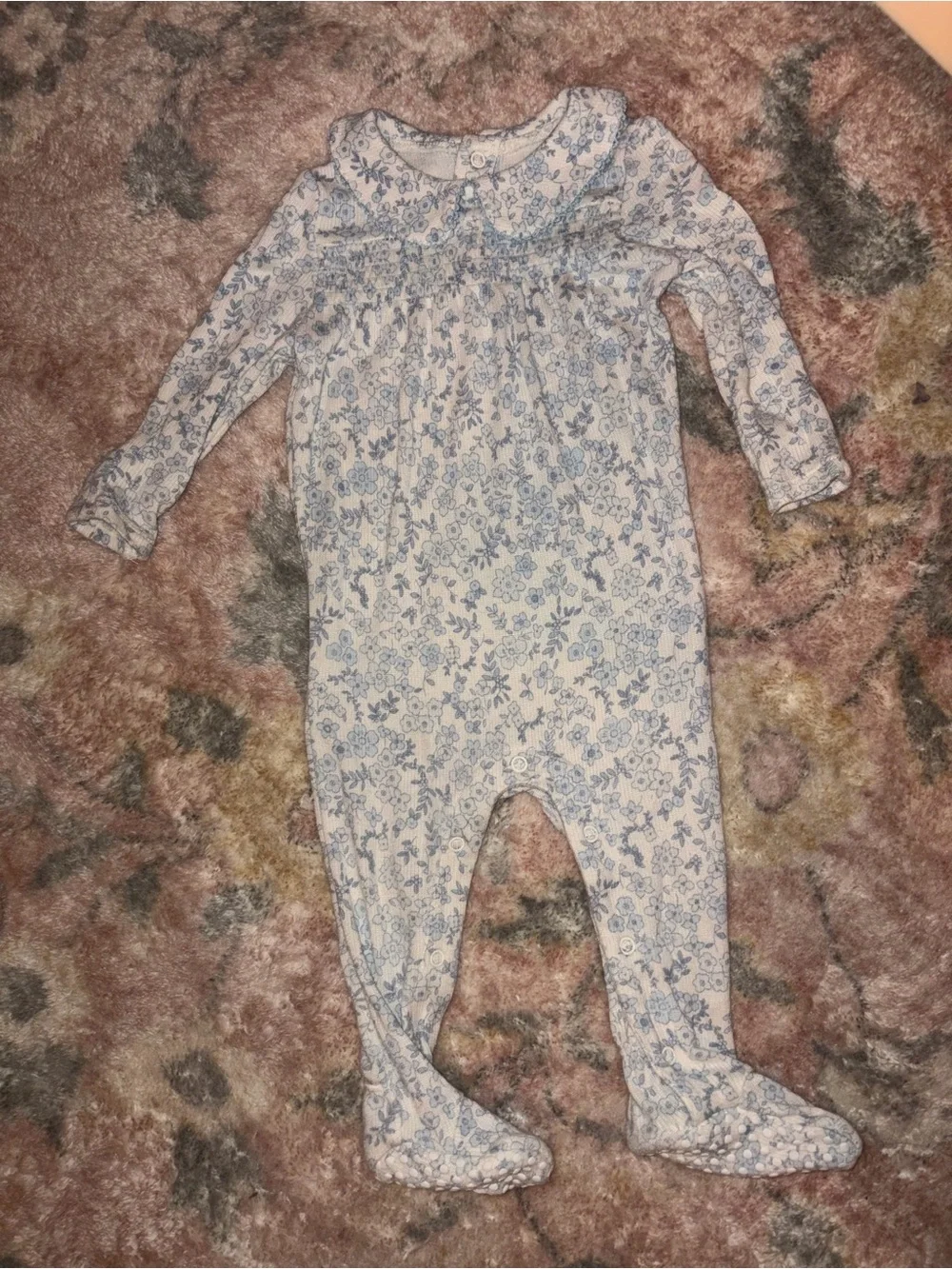 Angel Dear Smocked Peter Pan Collar Blue Floral Footed Pajamas